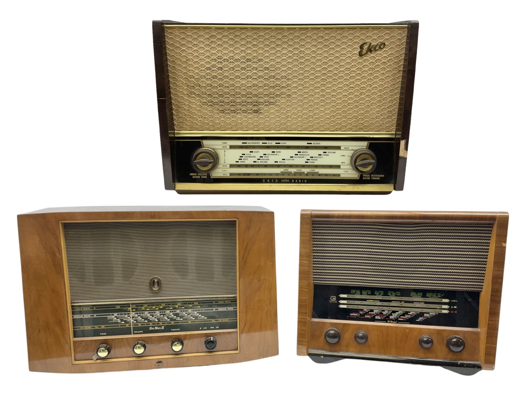 1955 Pye Fenman II valve radio in walnut veneered case, W58cm, together with a 1950s McMichael Type 854 valve radio with Bakelite knobs, W47cm H39cm D24cm, and 1957 Ekco Type A320 radio in dark walnut veneered case (3)