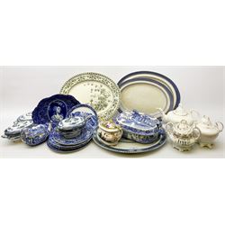 An early 19th century twin handled sucrier with cover, decorated with a seated female figure in a classical garden, together with 19th century teapot and sucrier, and further 19th century sucrier, plus a selection of blue and white, to include Spode teapot, four plates, and kidney shape dish, each with blue printed mark, a Willow pattern tureen and cover, etc. 