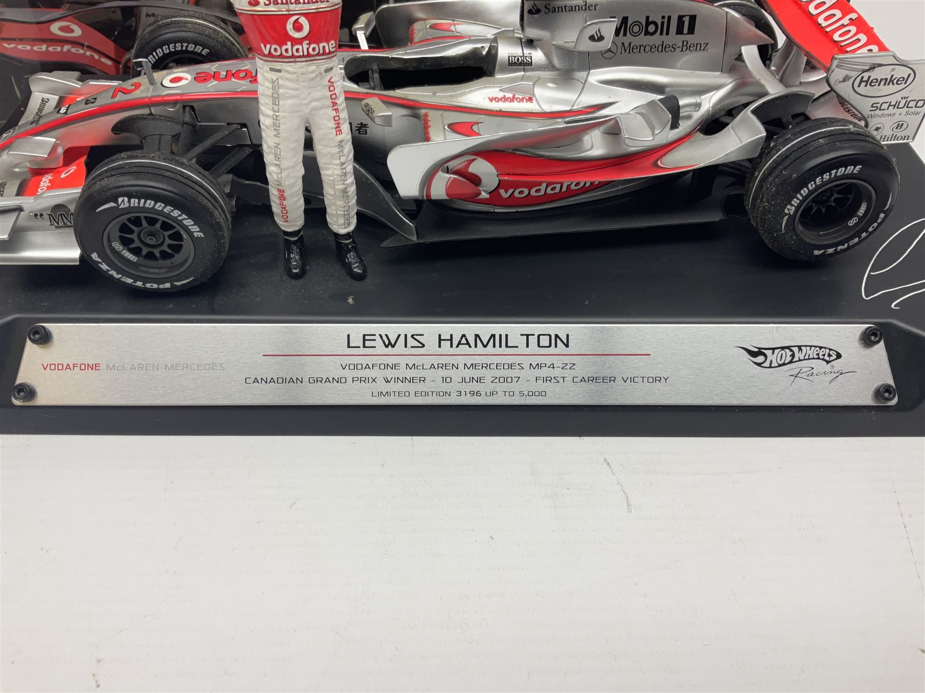 Mattel Hot Wheels 1:18 scale die-cast racing car - Vodaphone McLaren Mercedes; boxed with stand