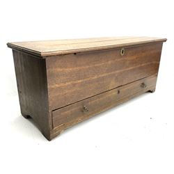 Late 18th century oak mule chest, fitted with hinge lid above single long drawer, stile supports, with content to include vintage ice skates and shoes