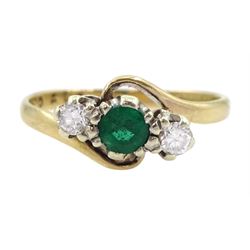 9ct gold three stone round cut emerald and round brilliant cut diamond ring, hallmarked