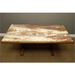  Rectangular marble inset coffee table, turned supports with floor stretcher, 151cm x 70cm, H60cm  