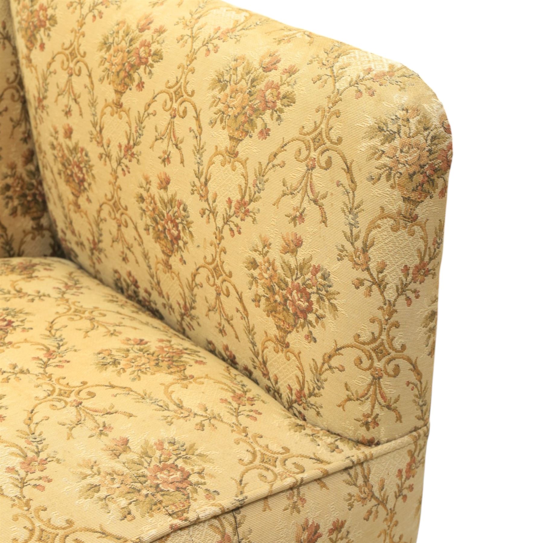 George II mahogany framed settee, beige foliate upholstery with padded sides, downswept arms with sprung seat and back, raised on six turned supports