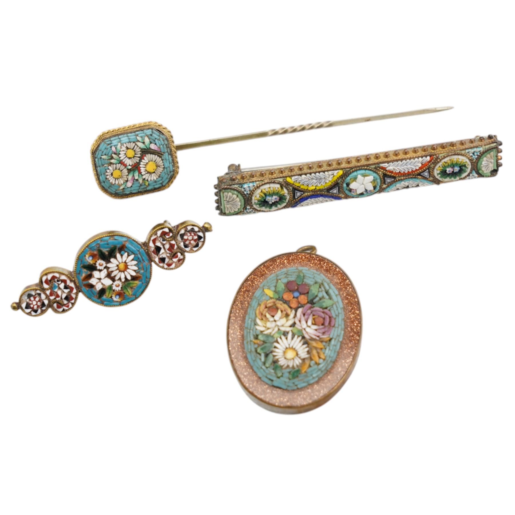 Collection of Italian micro mosaic bijouterie, including various brooches, hat pins and a bracelet, each set in brass, bracelet W18cm