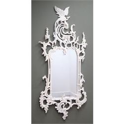  Ornate white finish mirror with carved bird detail, W62cm, H145cm  