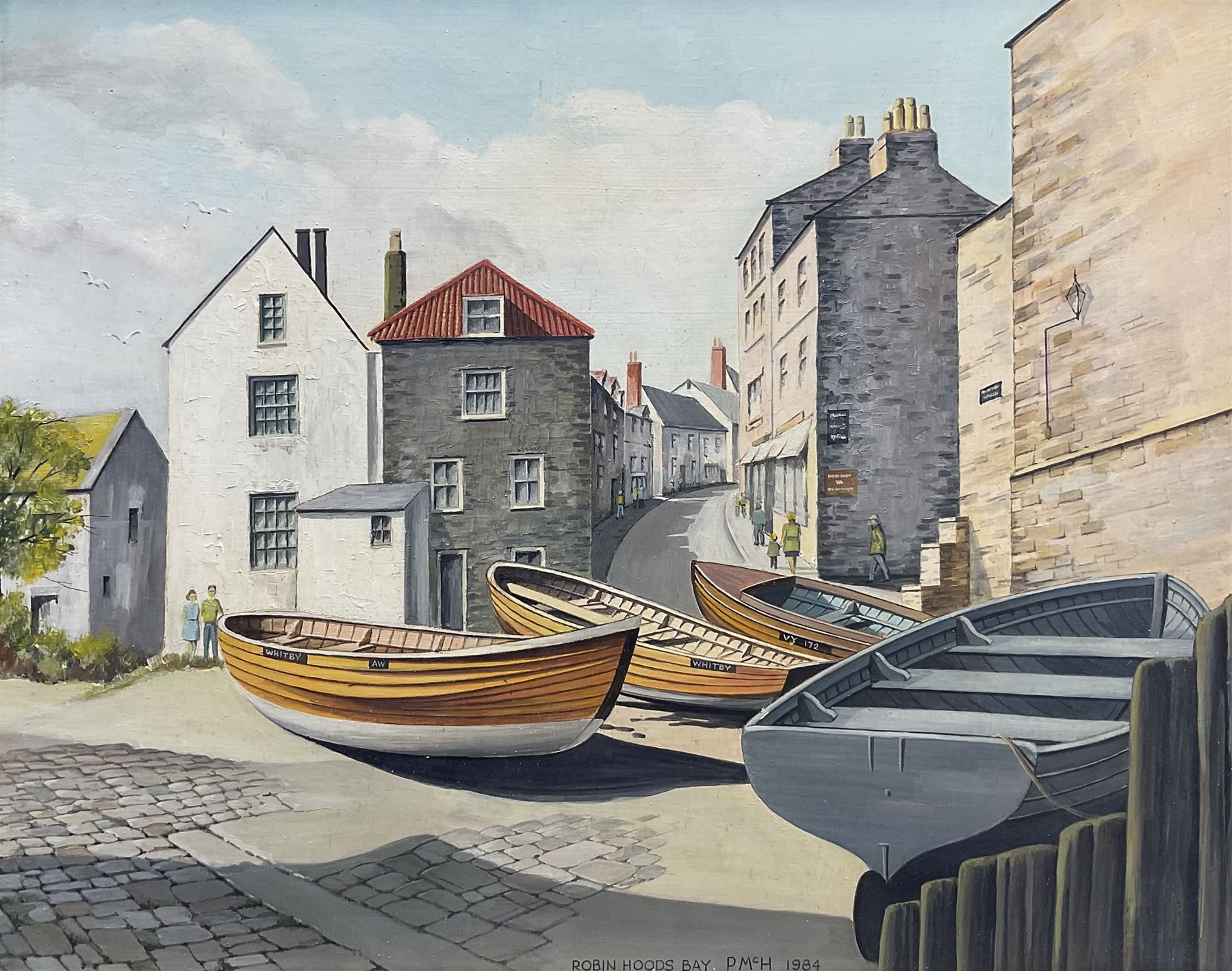 P McH**** (20th century): 'Robin Hoods Bay, oil on panel signed with initials titled and dated 1984, 39cm x 49cm