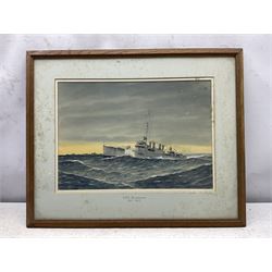 Commander Eric Erskine Campbell Tufnell RN (British 1888-1979): 'HMS Essington', 'HMS Vanguard', 'HMS Galatea', 'HMS Humber', and 'HMS Burnham', set five watercolours heightened in white signed and titled 26cm x 37cm (5)