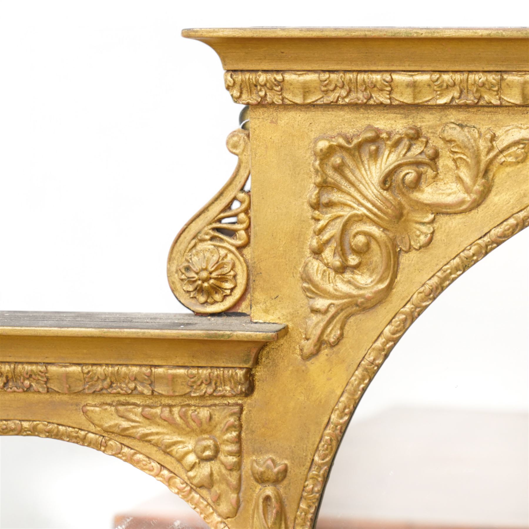 Neoclassical design gilt tripartite overmantel mirror with elaborate architectural elements, moulded with acanthus motifs and foliate inner slip, circa 1900