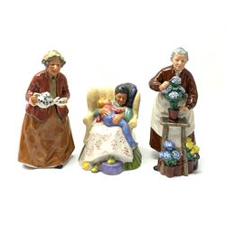 Three Royal Doulton figures, comprising Teatime HN2255, Flora HN2349, and Sweet Dreams HN2380. 