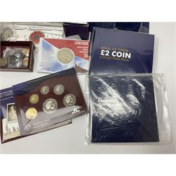 Commemorative and other coinage, including various Queen Elizabeth II 'London 2012 sports collection' fifty pence coins on cards, commemorative crowns, Millennium 2000 'Time Capsule' coin set, channel islands old round one pound coins, part sets etc