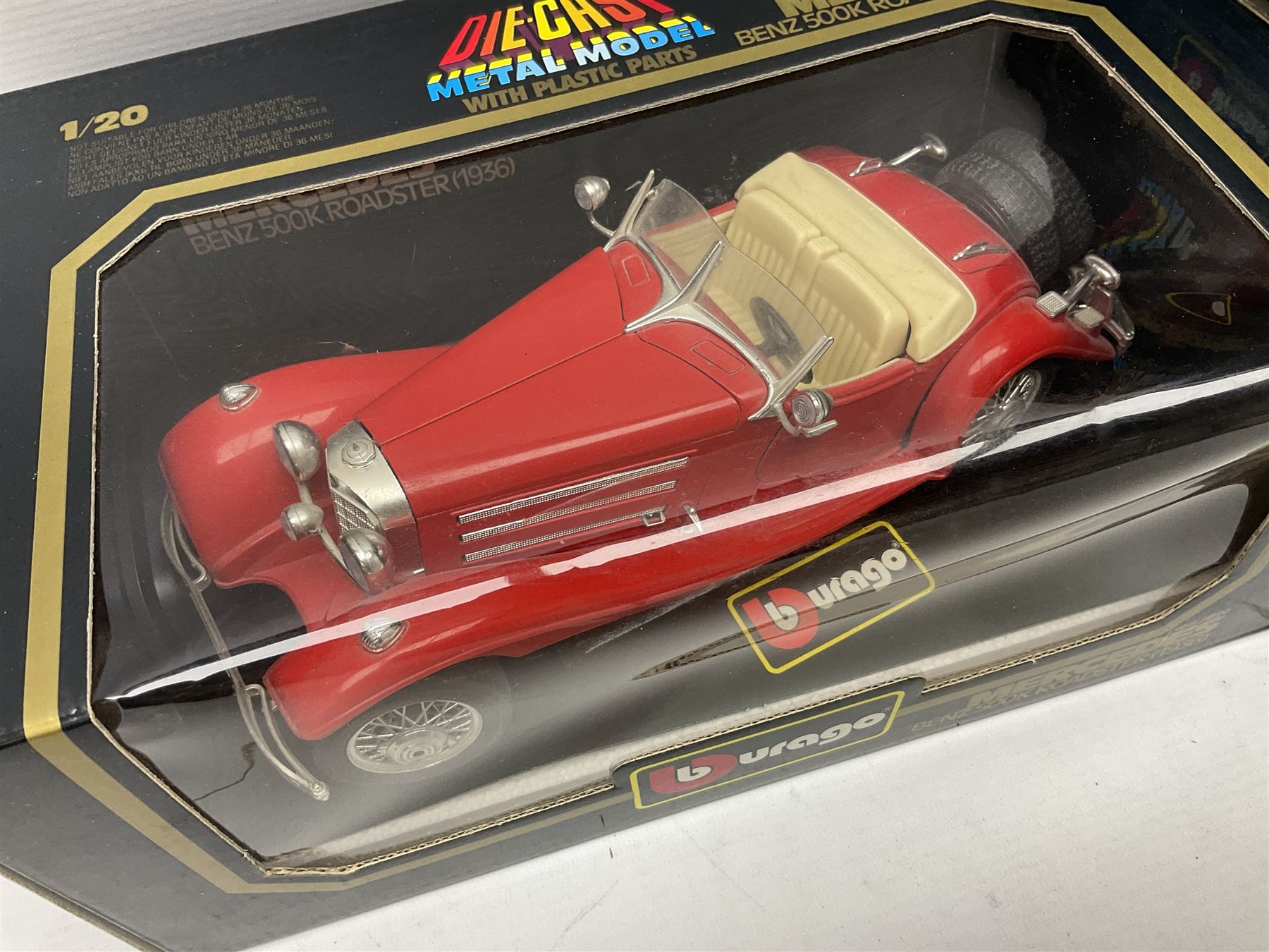 Bburago - seven 1:18/1:20 scale die-cast models comprising Jaguar SS100 (1937), Alfa Romeo 8C 2300 Monza (1931), Alfa Romeo 2300 Spider (1932), Ferrari Testarossa (1984), Bugatti Type 59 (1934), Mercedes Benz 500K Roadster (1936) and Ferrari 250 Testa Rossa (1957); all boxed (7)