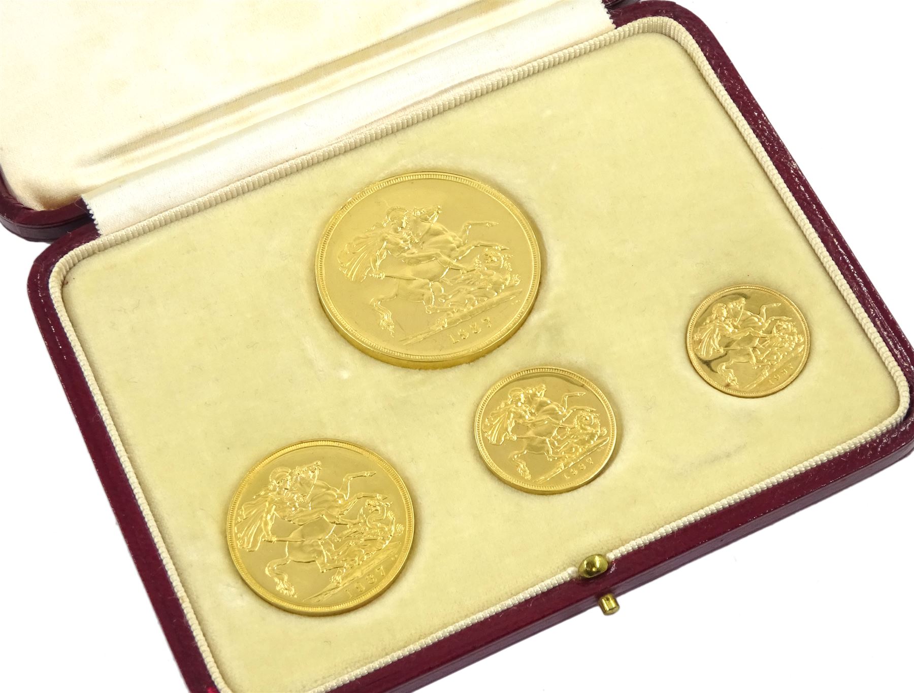 King George VI 1937 gold proof four coin set, comprising half sovereign, sovereign, two pounds and five pounds, in Royal Mint dated case