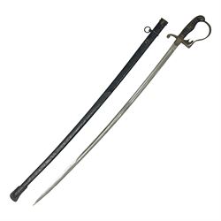  Prussian artillery officer's sword, with 80cm slightly curving fullered  blade, brass hilt with D-shaped langets, curving knucklebow, wire-bound black grip and leather finger loop; in black painted steel scabbard with single suspension loop