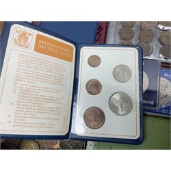 Coins including Great British commemorative crowns, part filled Whitman folder of florins, pre decimal coinage, commemorative silver medallion cover, small number of cap badges etc, in one box