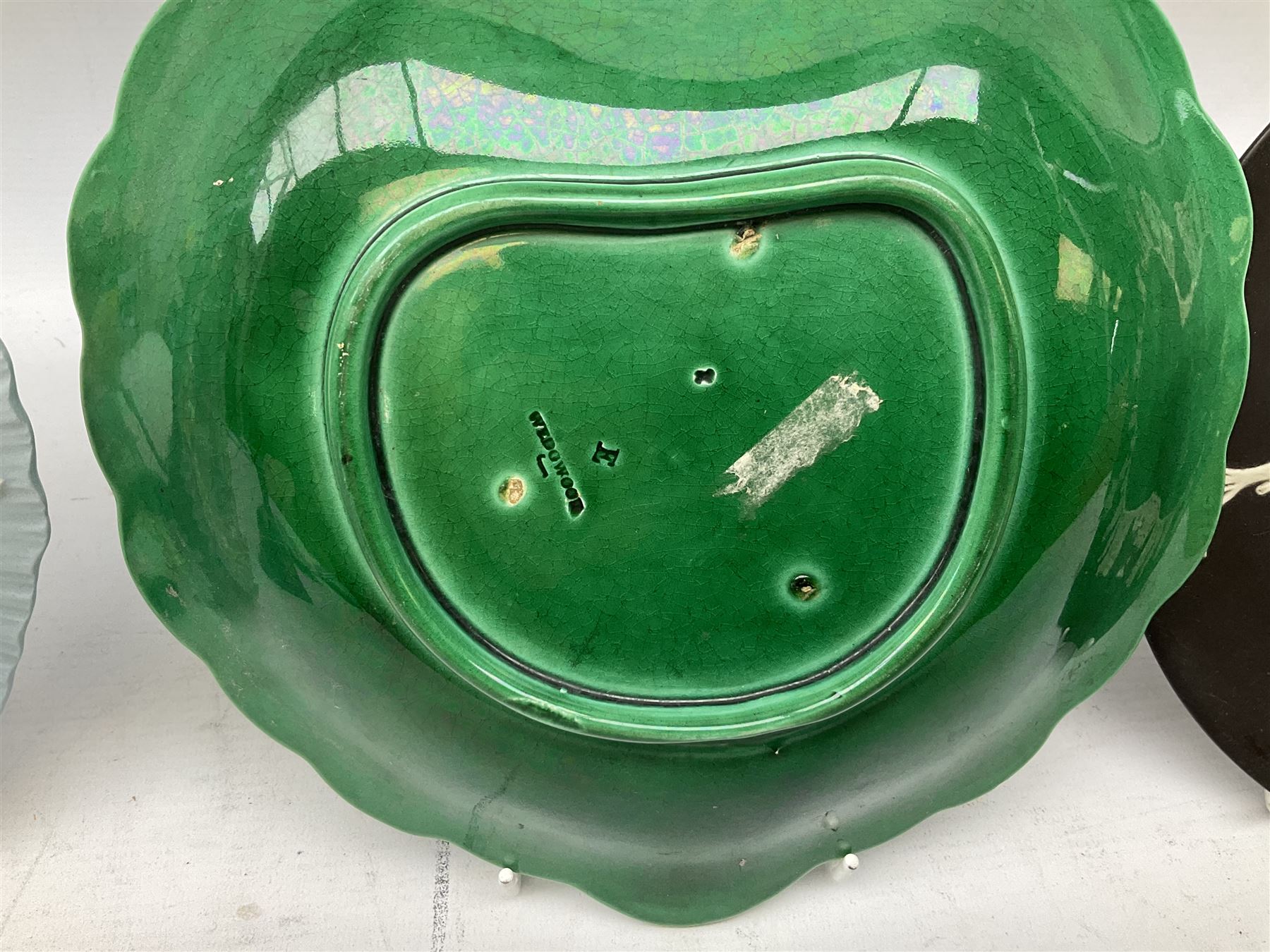 Collection of Wedgwood, to include queensware pattern fluted vase and plate, green majolica leaf dish, Jasperware in blue, green and black, to include covered trinket boxes, vases, plates etc   