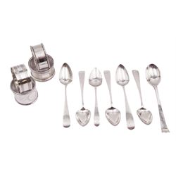 Set of five George III Scottish silver Old English pattern teaspoons, with engraved initials to terminal, hallmarked 	James Orr, Edinburgh 1805, together with a Georgian silver teaspoon, a modern silver teaspoon and four silver napkin rings, including engraved and engine turned examples, all hallmarked