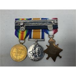 WW1 KIA group of three medals comprising British War Medal, 1914-15 Star and Victory Medal awarded to 9069 Cpl. J. Mayhew Glouc. R.; with ribbons; displayed on modern bar, and photograph of recipient in uniform; some biographical details