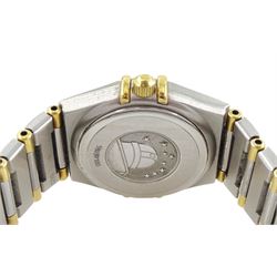 Omega Constellation ladies bi-colour quartz wristwatch, silvered dial with baton hour markers and Roman numeral bezel, on original Omega bracelet, with fold-over clasp