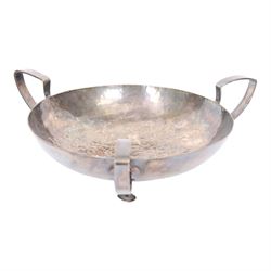 The Keswick School of Industrial Art, three stem bowl, the bowl supported upon three strapwork handles finished in leaf designs, marked beneath Keswick C196, H9cm D21cm