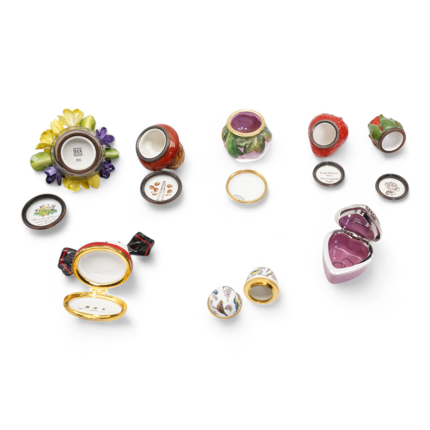 Halcyon Days enamel trinket boxes including 'My Sweetheart', Strawberry, Fabergé inspired heart-shaped box, small egg-shaped box, Rosebud, 'Primroses & Violets' etc, together with a porcelain model of a Teddy bear with agate base (9)