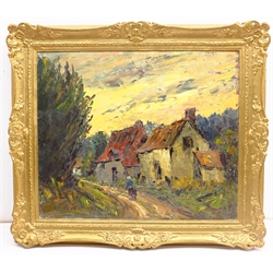 Remy Esteve (French 1917-2005): Country Lane with Cottages, oil on canvas signed 46cm x 55cm