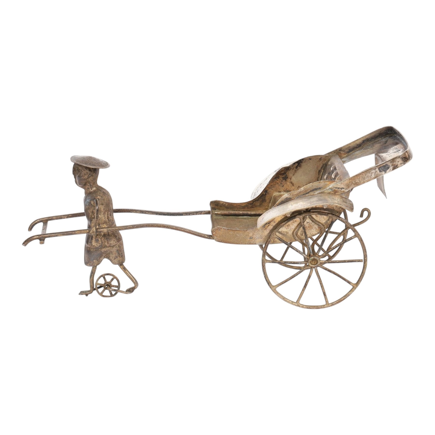Silver cutlery comprising three teaspoons and two butter knives, a silver handled hook and a silver plated Chinese rickshaw cruet