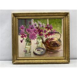 Iris Collett (British 1938-): Still Life of Summer Flowers, oil on board signed 43cm x 50cm