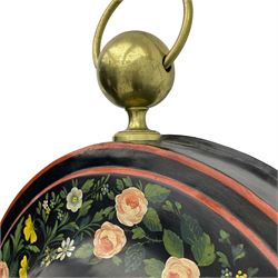 Honore Pons of Paris -  A good and early 19th century Tole Ware wall clock c1830, with a later re-decorated case suspended from a circular brass hanger, cast brass dial bezel and silvered engine turned dial with roman numerals, minute track and steel moon hands, 8-day twin train countwheel striking movement with a silk suspension, striking the hours and half hours on a bell. With pendulum and key.
