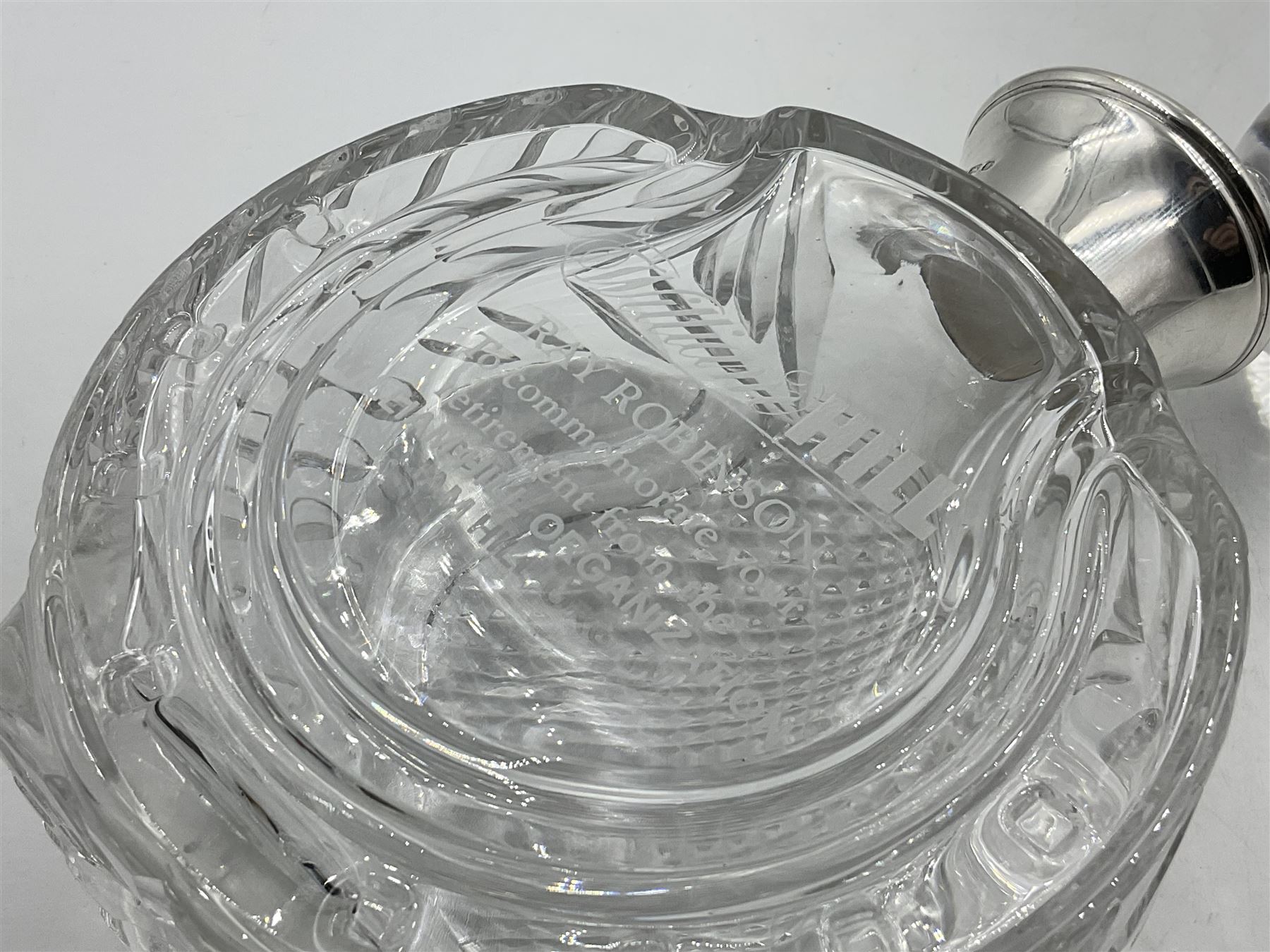Modern silver mounted glass decanter, the cut glass body of circular form, with personal engraving, the silver collar hallmarked L J Millington, Birmingham 2008, overall H23.5cm