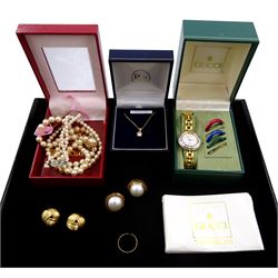 Gucci ladies wristwatch with changeable bezels, No. 1200L, boxed with papers, pair of 9ct gold mabe  pearl earrings, hallmarked, pair of Nina Ricci clip on earrings and other costume jewellery