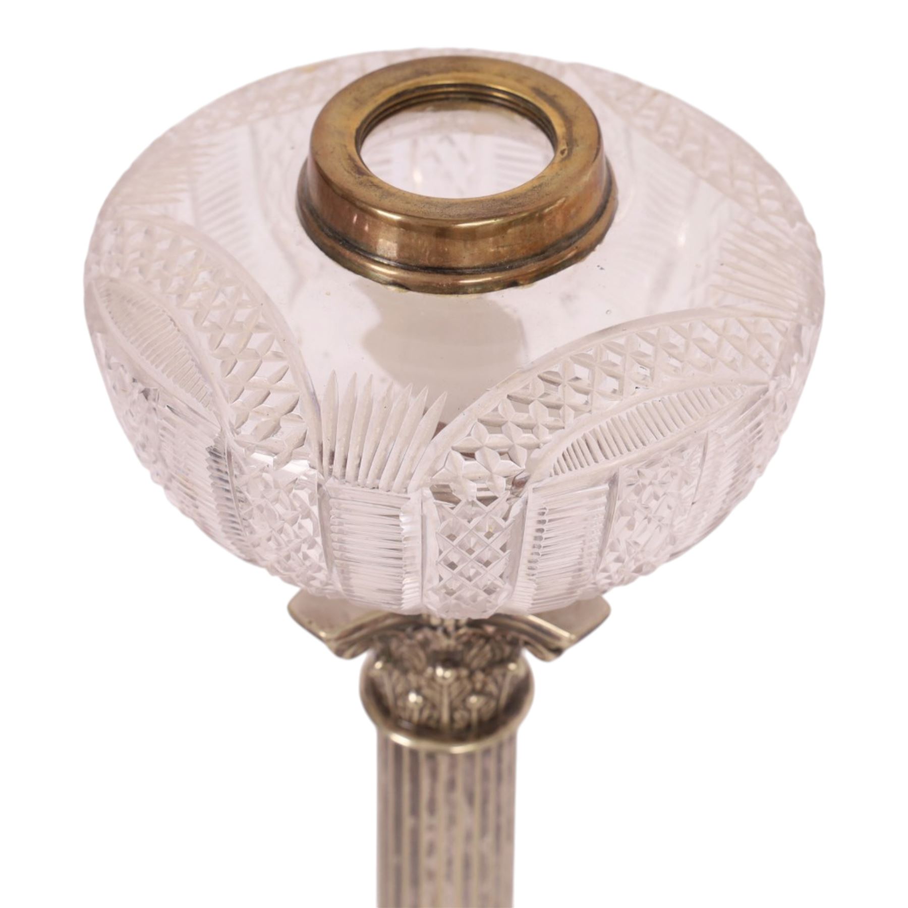 Victorian silver plated Corinthian column oil lamp, raised upon a stepped base, clear glass reservoir, H54cm 