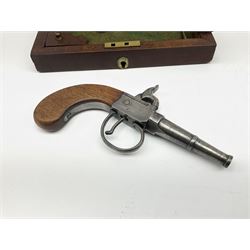 Scratch-built copy of a 19th century percussion cap pistol with 7cm tapering cannon style turn-off barrel, lock-plate inscribed 'F. Fox' and mahogany bag stock L17.5cm overall, in fitted mahogany box with inlaid crest chased mother-of-pearl cartouche and double-ended spanner