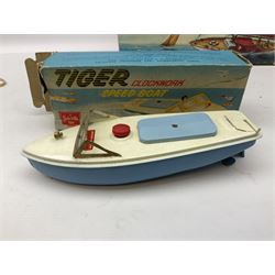 Five model boats - Sutcliffe clockwork Tiger Speedboat; boxed; Motor Sailor battery operated yacht; boxed; Waterline battery operated police launch; boxed; and Tri-ang Scalex 'Aberdeen' North Sea Drifter; boxed, with another similar unboxed (5)