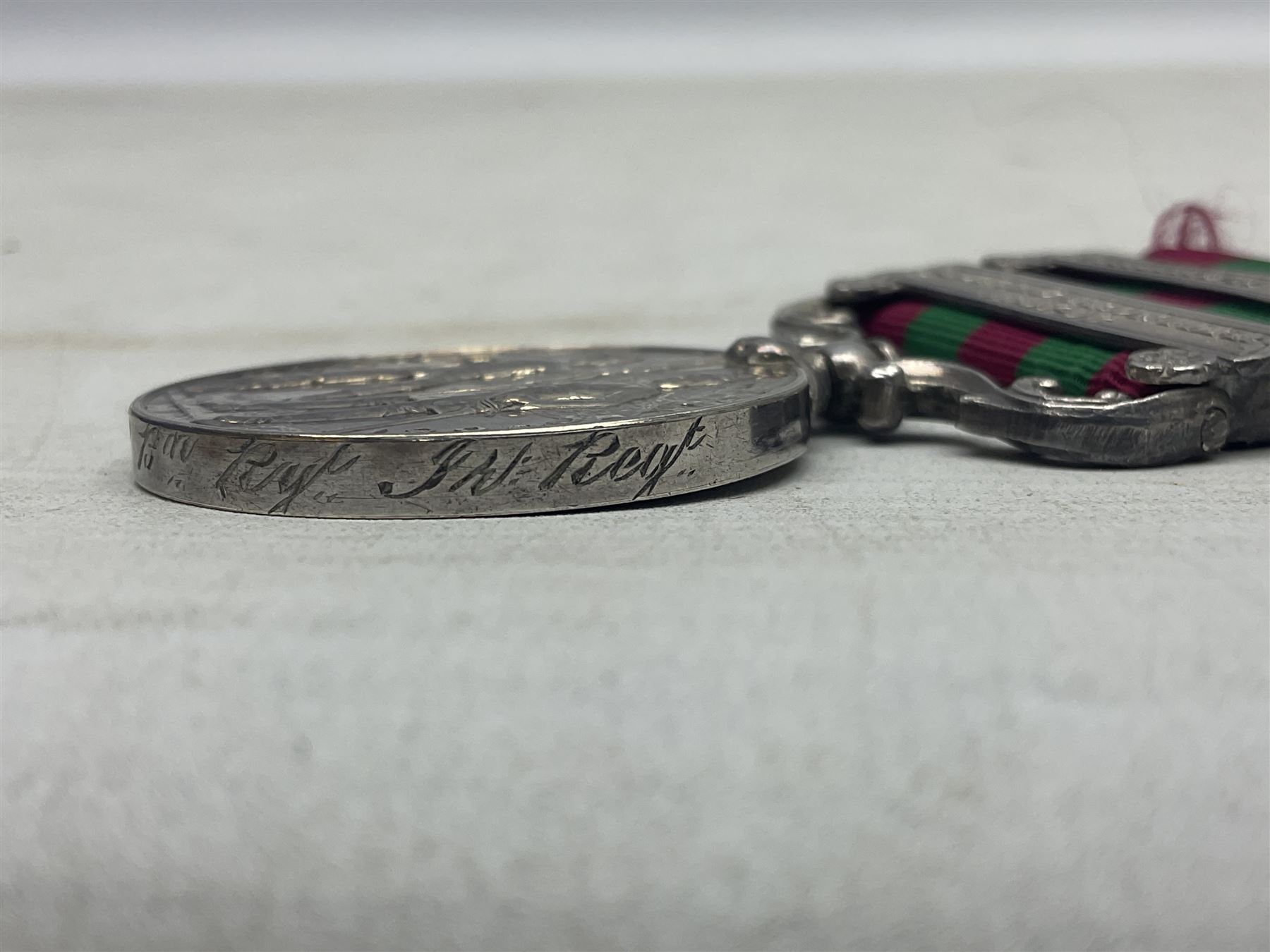 Victoria India General Service Medal with two clasps for Samana 1897 and Punjab Frontier 1897-98 awarded to 4779 Pte. A. Raeburne 2d. Bn. Ryl. Inf. Regt.; with ribbon