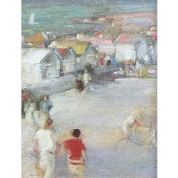 Walter John Beauvais (British 1942-1998): Figures in a Coastal Town, oil on board unsigned 20cm x 15cm