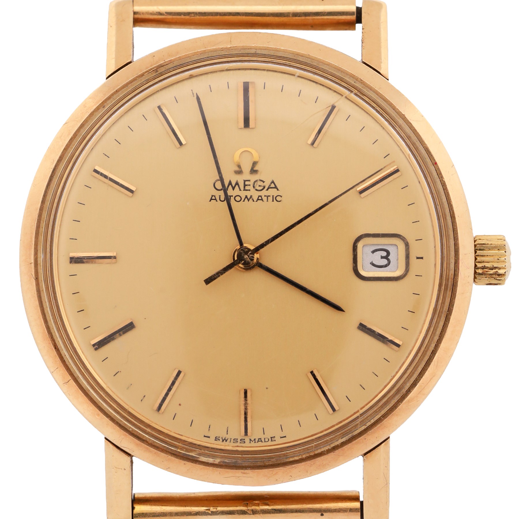 Omega gentleman's 9ct gold automatic wristwatch, gilt dial with baton hour markers and date aperture, back case engraved Tool 106, on a 9ct gold brick link bracelet, London 1976