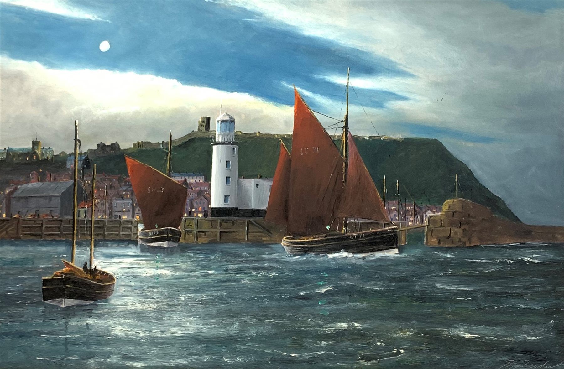 Robert Sheader (British 20th century): Fishing Boats off the Lighthouse Scarborough, oil on board signed 49cm x 75cm