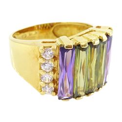 18ct gold purple and green paste stone set ring, with white paste stone sides, stamped 750