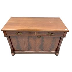 Late 19th century figured mahogany side cabinet, two drawers above two cupboards, turned feet