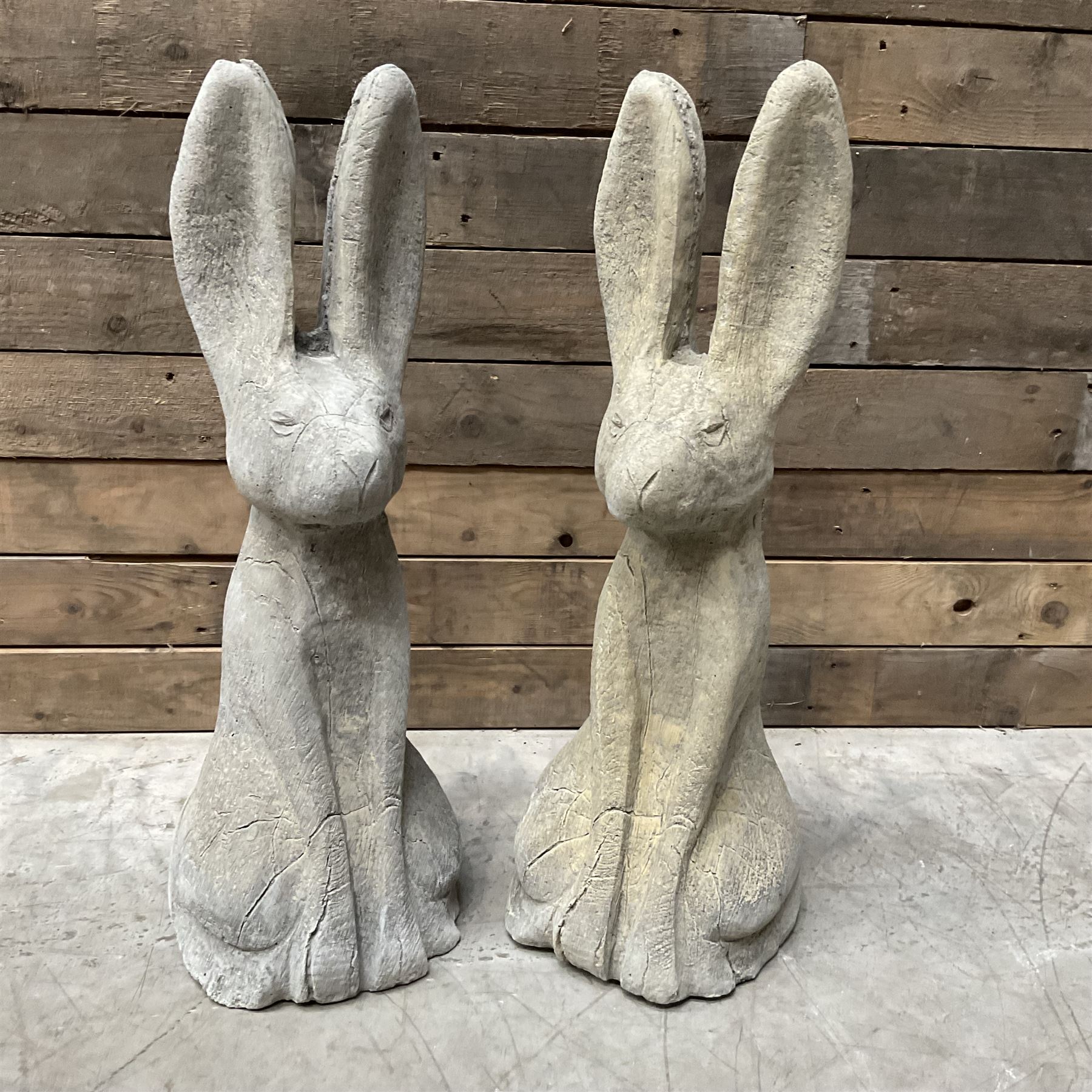Pair cast stone garden sitting Woody Hares