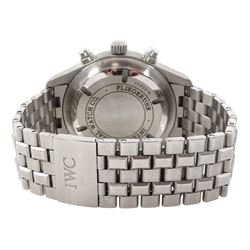 IWC (International Watch Company) Schaffhausen Pilot gentleman's stainless steel automatic chronograph wristwatch, Ref. 371704, serial No. 3362918, black dial with day / date aperture, boxed with additional links and guarantee card dated 2008