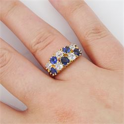 Victorian 18ct gold two row diamond and sapphire ring, alternating circular and oval mixed cut sapphires and old cut diamonds, total diamond weight approx 0.75 carat