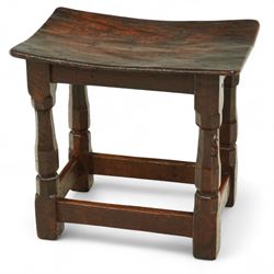 Mouseman - 1930s adzed oak joint stool, dished figured burr oak seat, on shaped octagonal ...