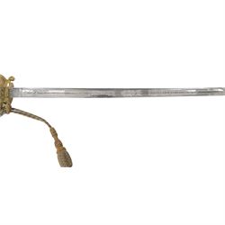 British 1827 pattern Naval officer's sword, named, by Wilkinson Sword Company in 1920 for P.H. Earle and retailed by Gives, the 80cm slightly curved blade etched to both sides, the brass guard held into scabbard by patent spring clip, lion head pommel and backstrap, with sword knot, within leather scabbard with three brass mounts, twin suspension rings and attached belt and suspension straps with gilt buckle and braid, overall L98cm 