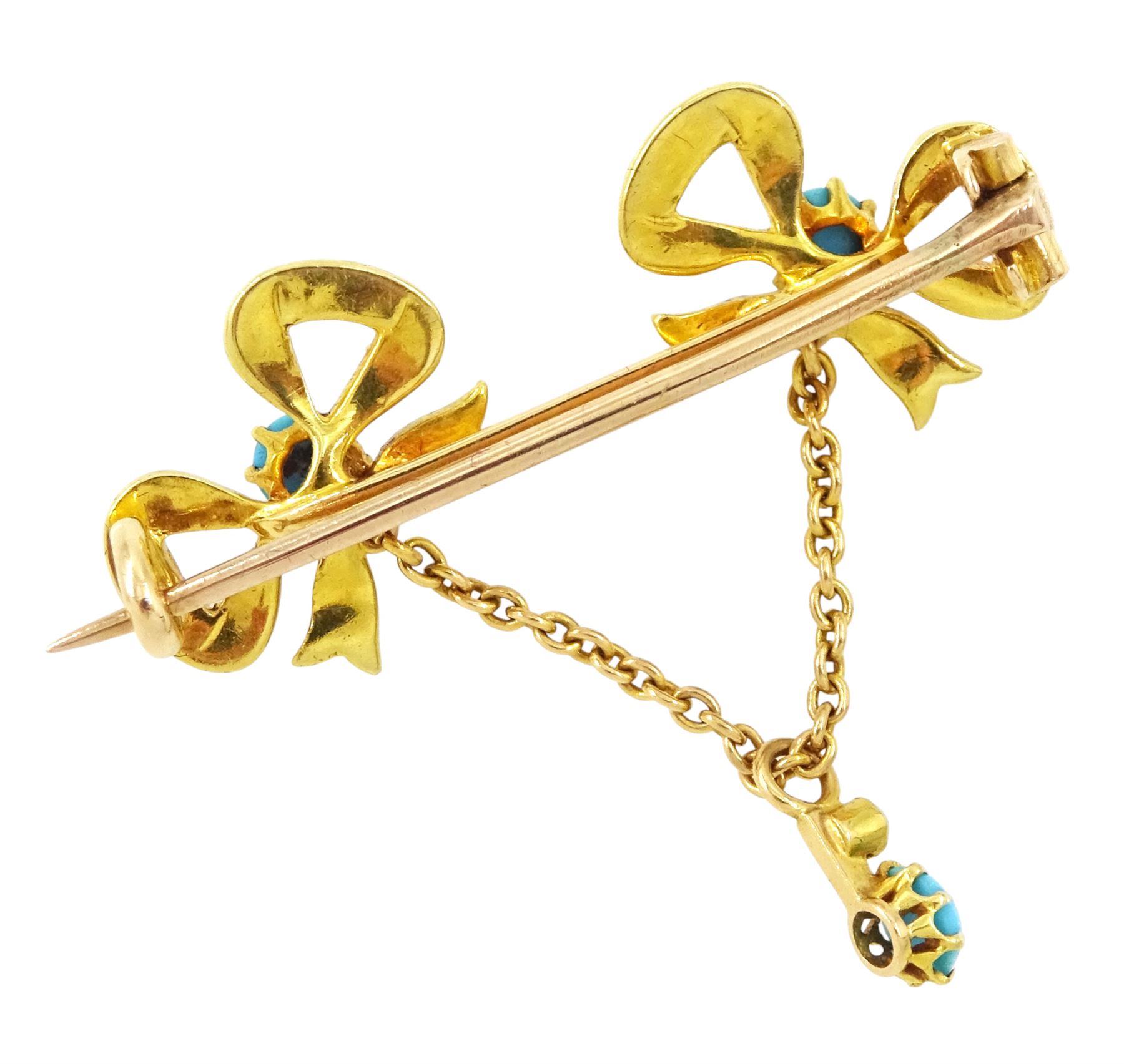 Edwardian 15ct gold turquoise and pearl double bow brooch, suspending a further turquoise and seed pearl, in velvet and silk lined case