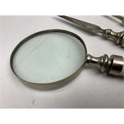 Magnifying glass, letter opener and shoe horn set, with bone handles and silver plated finials 