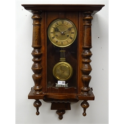  19th century walnut and beech Vienna wall clock, twin train movement striking the hours and half on rod, H65cm  