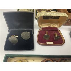 Pair of 9ct gold cufflinks, with engine turned decoration, together with 8ct gold stick pin, silver pill box, coin cufflinks and a collection of costume jewellery including a quantity of cufflinks
