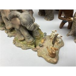 Seven Tuskers elephant figure groups, to include limited edition Stop! Mice Crossing 3479/4000 and Hide n' Squeak 77/4000, Love is... Sharing, Always a Safe Haven, Together Always etc, tallest H24cm