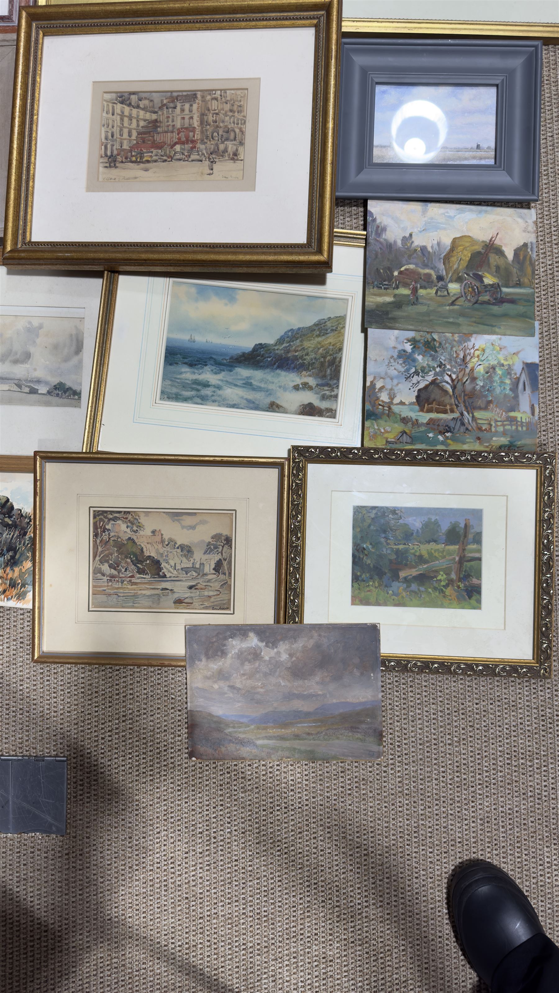 Collection of mostly watercolours, variously signed, artists to include Tom Anderton, Walter Henry Sweet, James Robertson Miller, Percy Hipkiss, J B Donaldson, Phil Smith and others indistinctly signed, contents in one box 